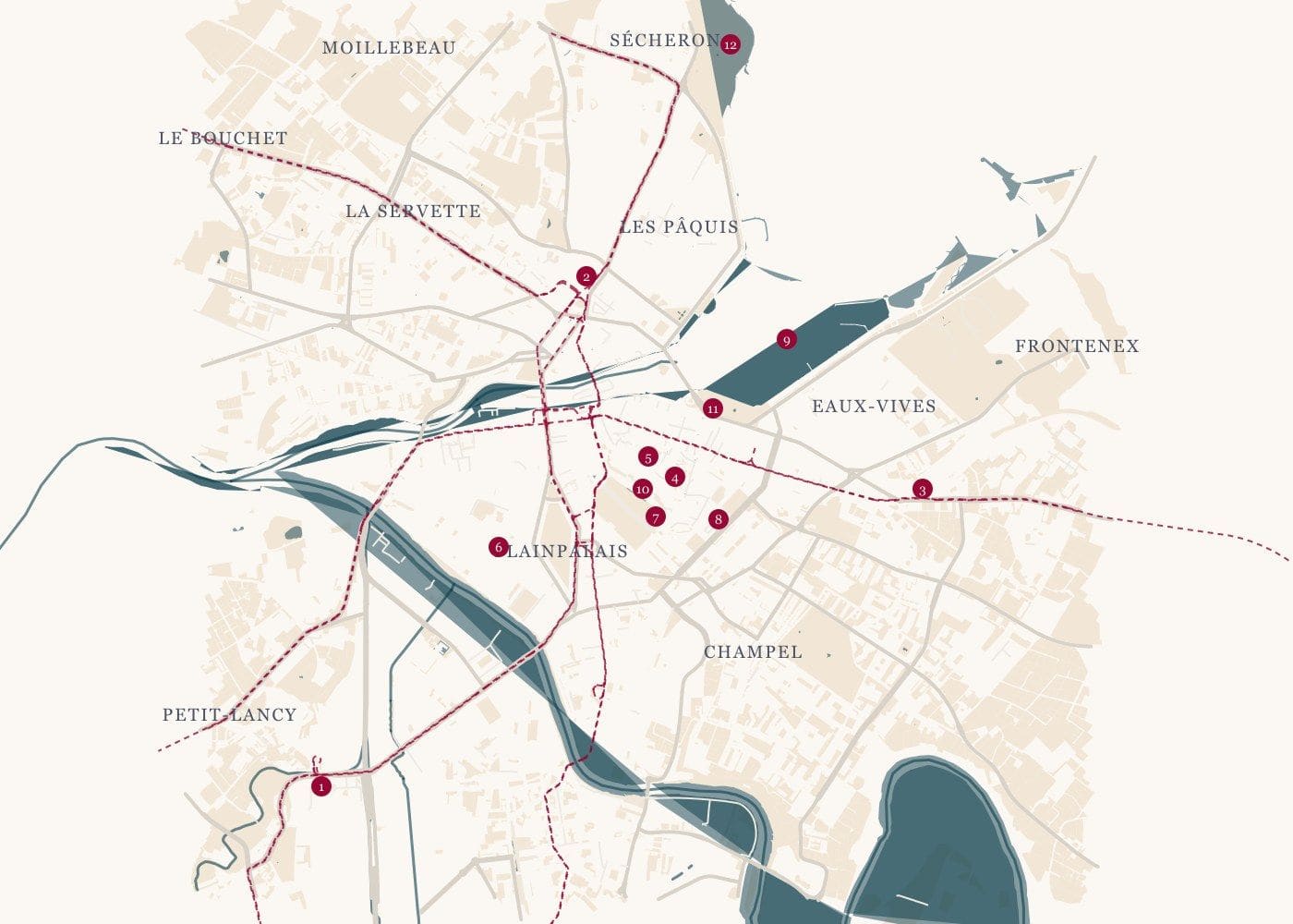 Map of Geneva drawn from OpenStreetMap: the harbour and the Rhône, the Pâquis, Eaux-Vives, Plainpalais and Champel districts, and the tram lines dotted