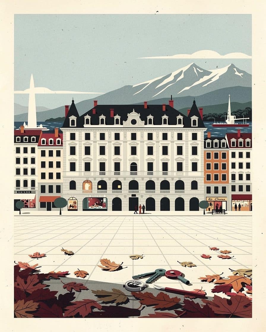 Illustration: a Geneva square lined with façades, with watchmaker's tools in the foreground