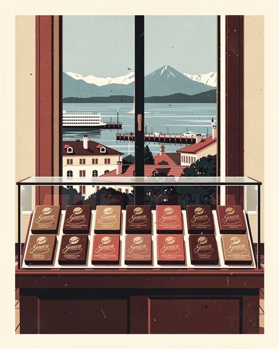 Illustration: a display of chocolate bars in front of a window overlooking the lake