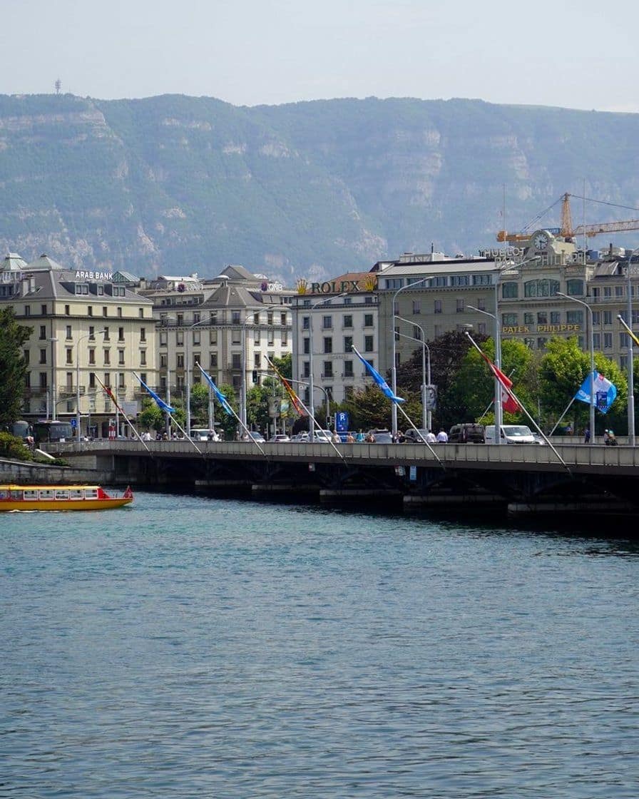 Le quai des Eaux-Vives à Genève au bord du lac, avec la jetée du Jet d'eau et des promeneurs en fin de journée