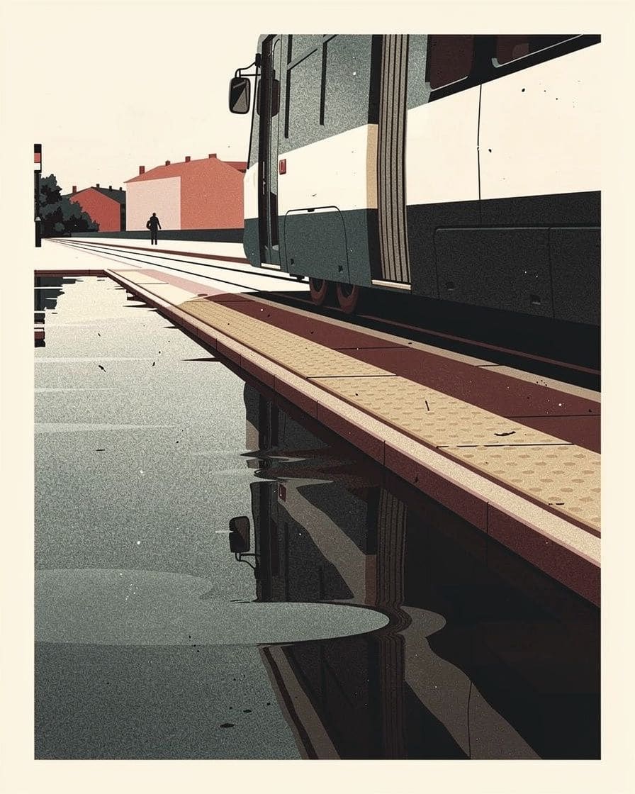 Illustration: a station platform at dusk, a train standing at it