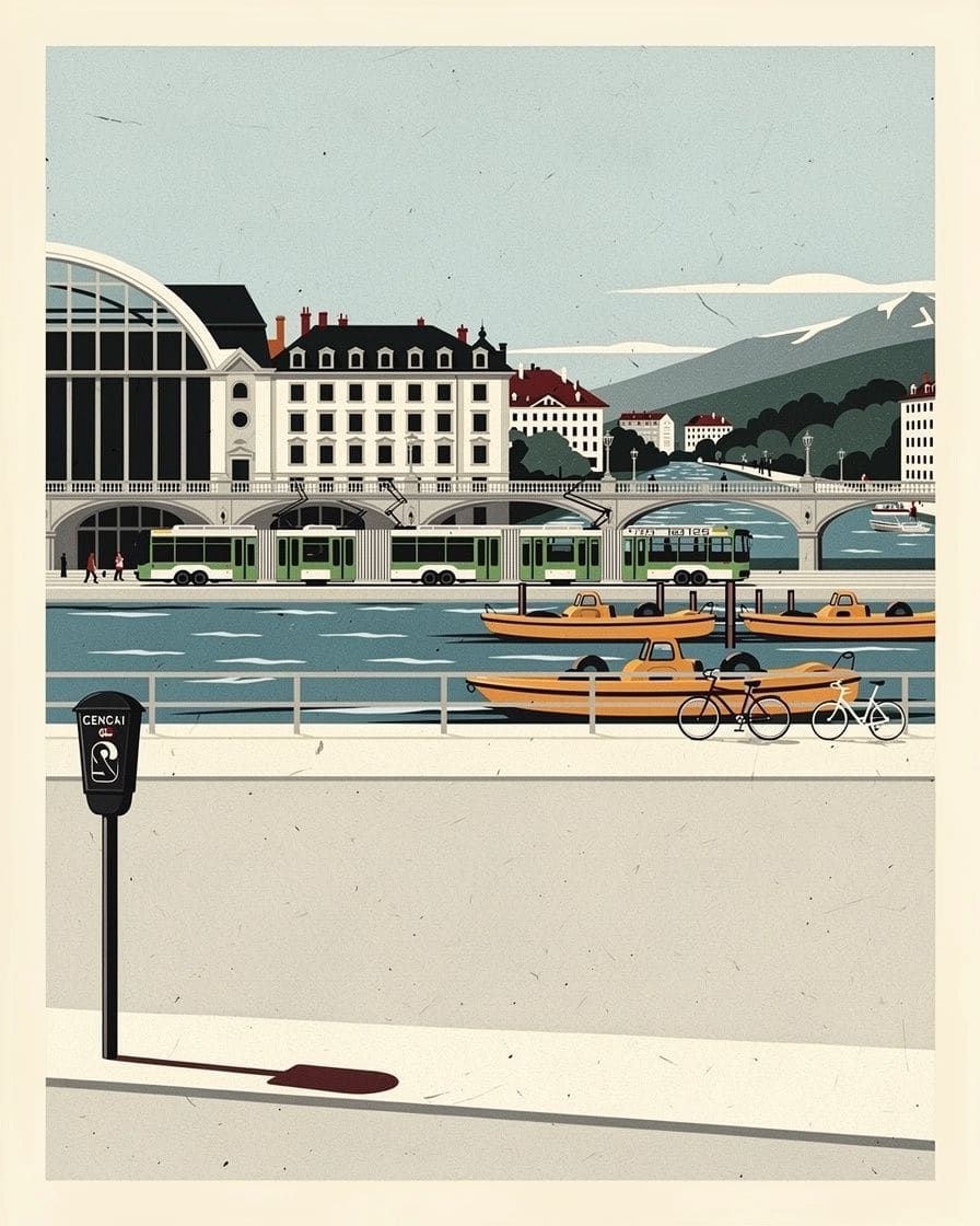 Illustration: a parking meter on a pavement beside the Rhône and its bridges