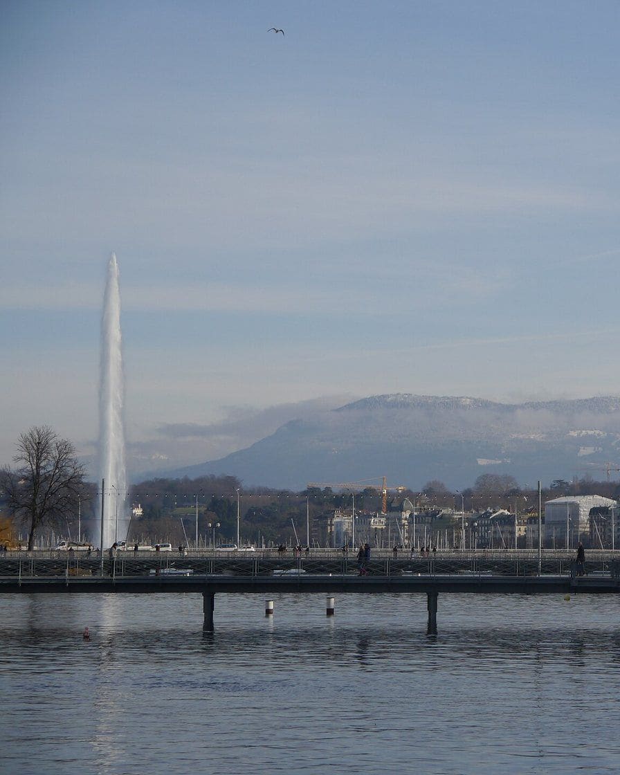Der Genfer Jet d'eau im Winterdunst, die graue Bucht und die Quais unter tiefem Himmel
