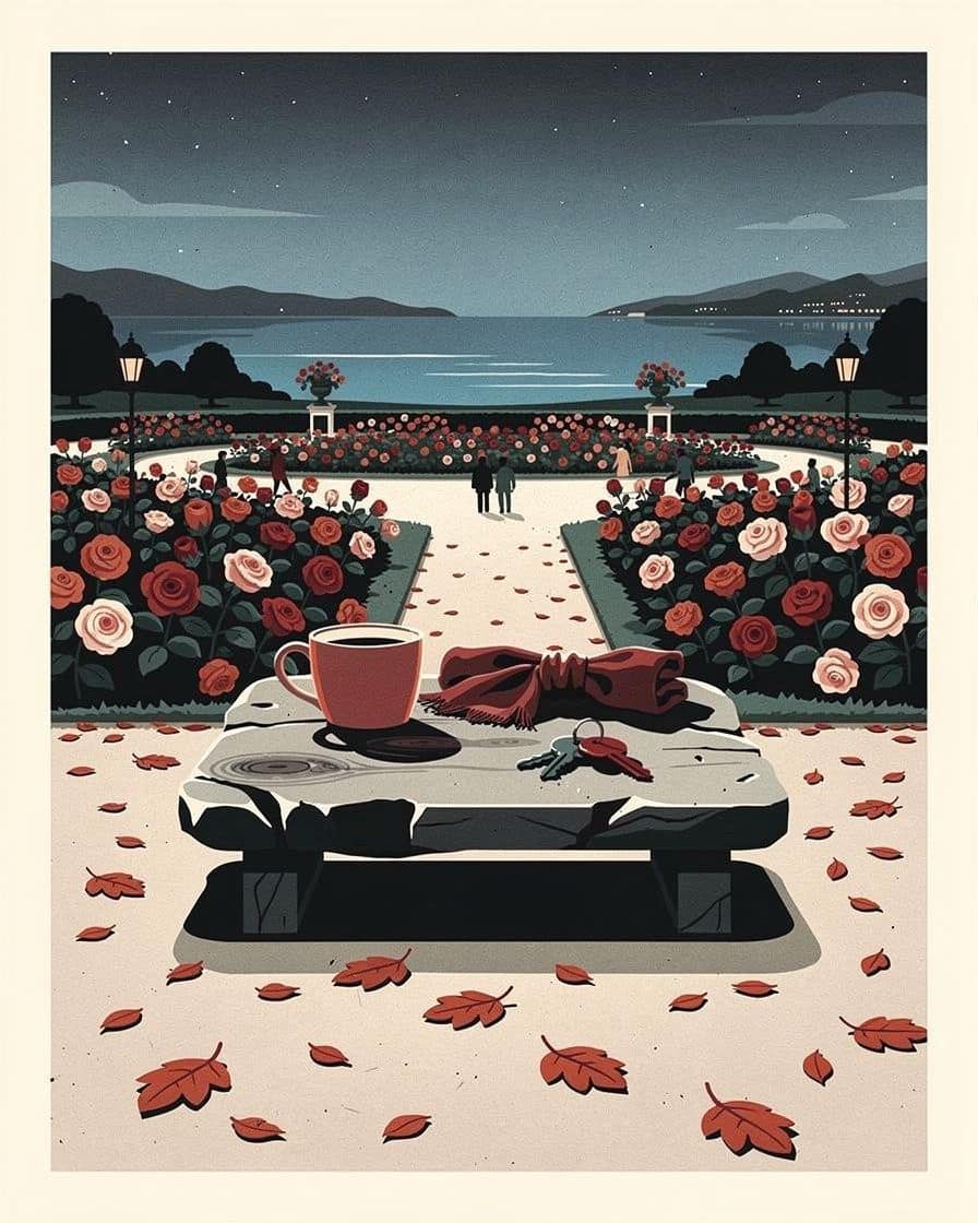 Ilustración: una rosaleda en flor junto al lago, con una mesa de pícnic en primer plano