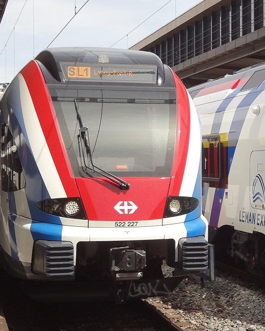 Léman Express train in a station, the cross-border rail link between Annemasse and Geneva