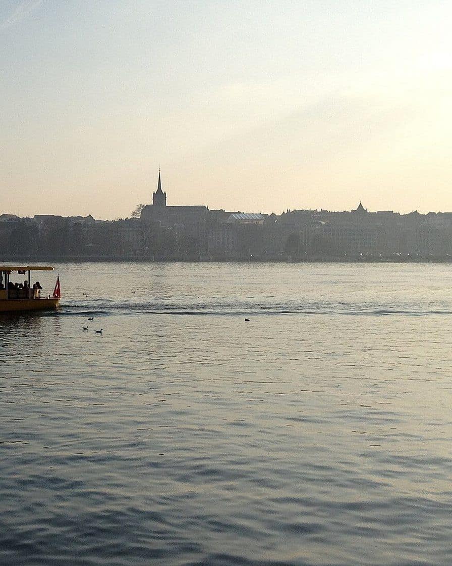 Eine Genfer Mouette, ein kleines gelbes Boot des öffentlichen Verkehrs, überquert die Bucht von Genf, im Hintergrund der Jet d'eau