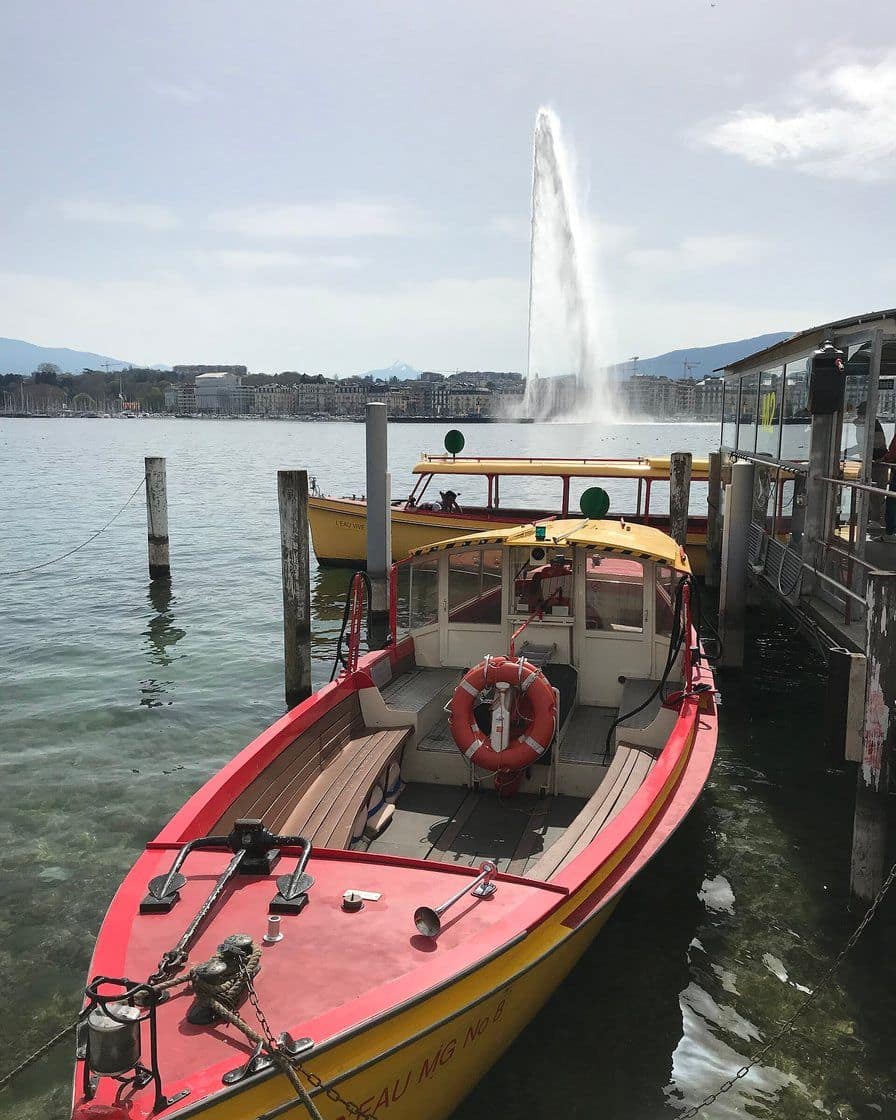 A Mouette genevoise, a small yellow public transport boat, crossing Geneva harbour near Quai des Pâquis