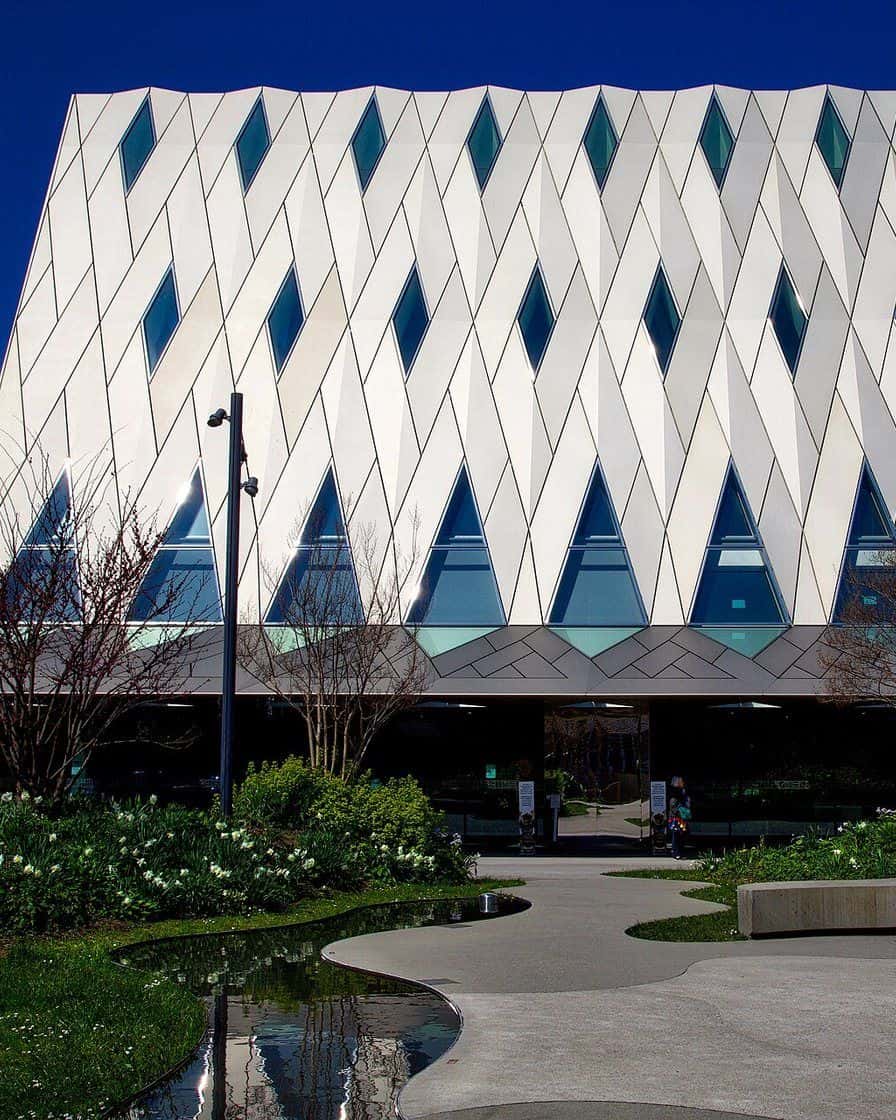 The contemporary MEG building, Geneva's ethnography museum, in Plainpalais, with its diamond-patterned roof
