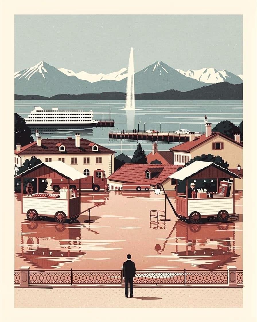 Illustration: Weihnachtsmarkthütten an einem Seequai, in der Ferne der Jet d'eau