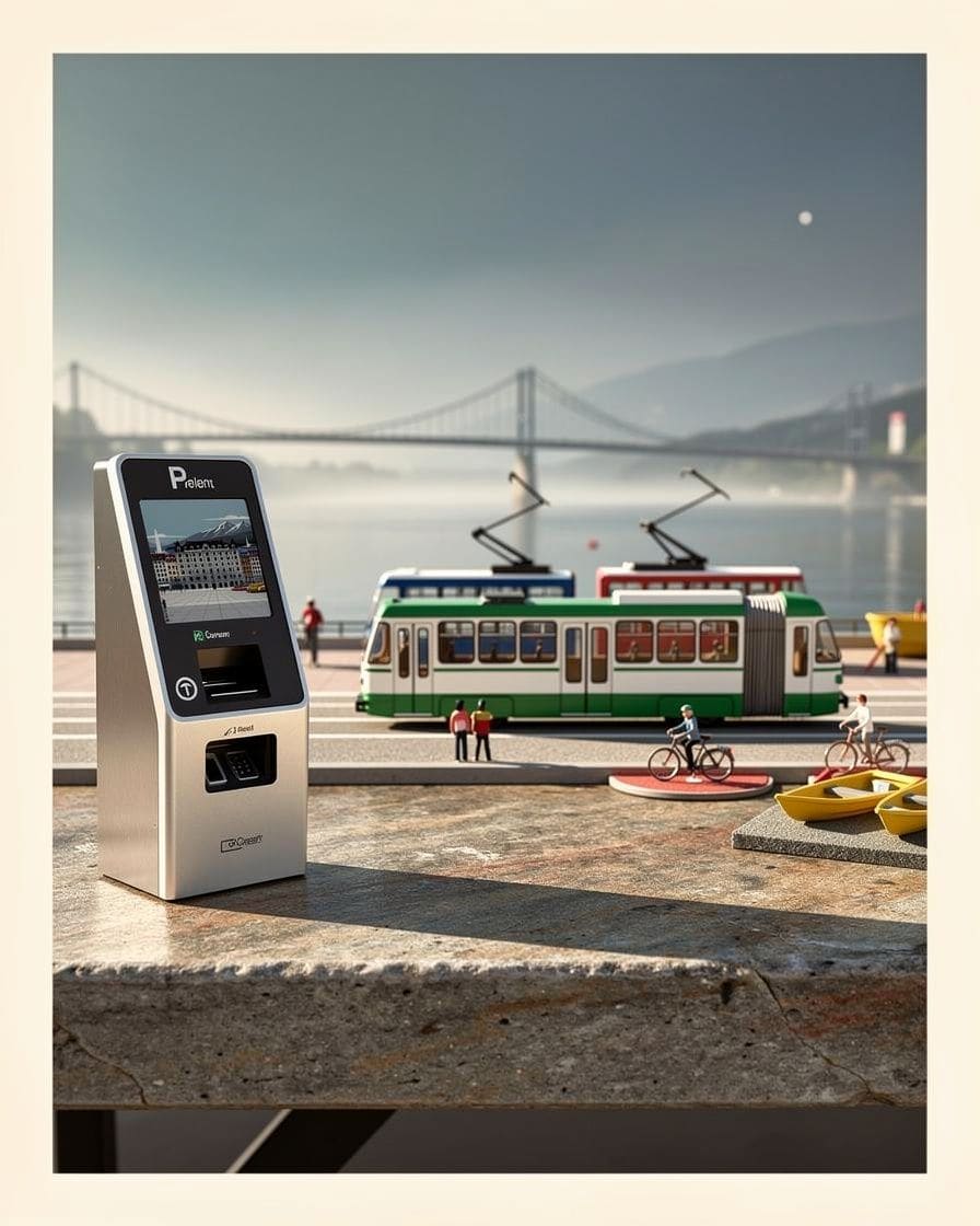 Illustration: an automatic car park pay machine, a tram passing in the background
