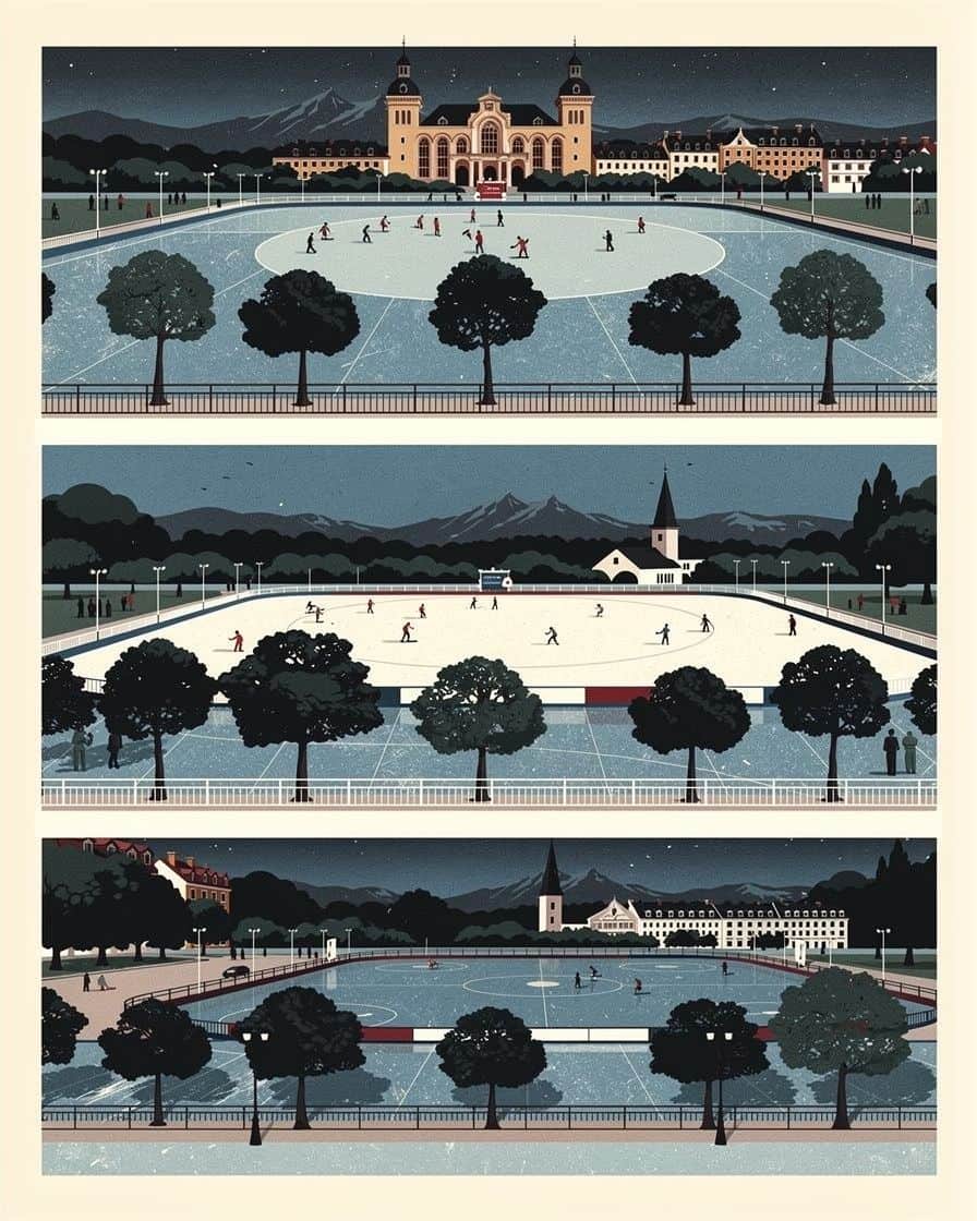 Illustration: eine Freiluft-Eisbahn unterhalb der Altstadt, in drei Ansichten