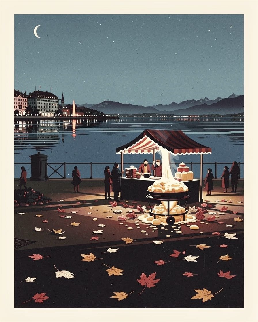 Illustration: ein beleuchteter Raclette-Stand am Abend am See