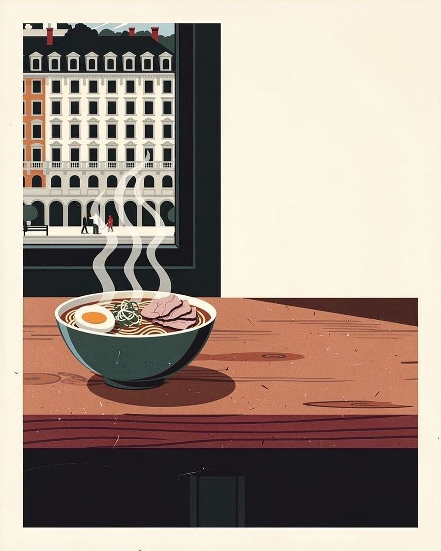 Illustration&nbsp;: un bol de ramen fumant sur un comptoir en bois