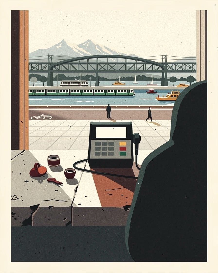 Ilustración: un datáfono sobre un mostrador, con la ciudad detrás