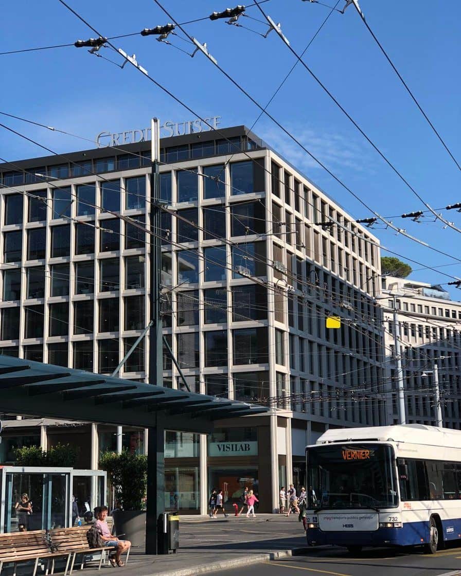 Green and white tpg tram at the Bachet-de-Pesay stop in southern Geneva, next to the Bachet-Praille park and ride