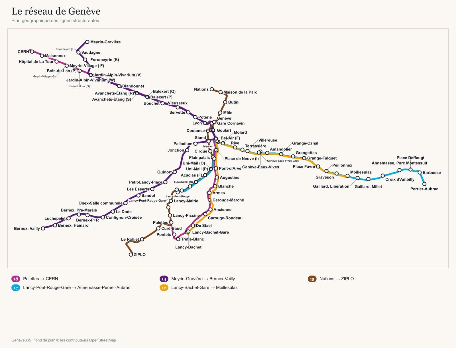 Map of the Geneva public transport network: the main lines with their termini and connections